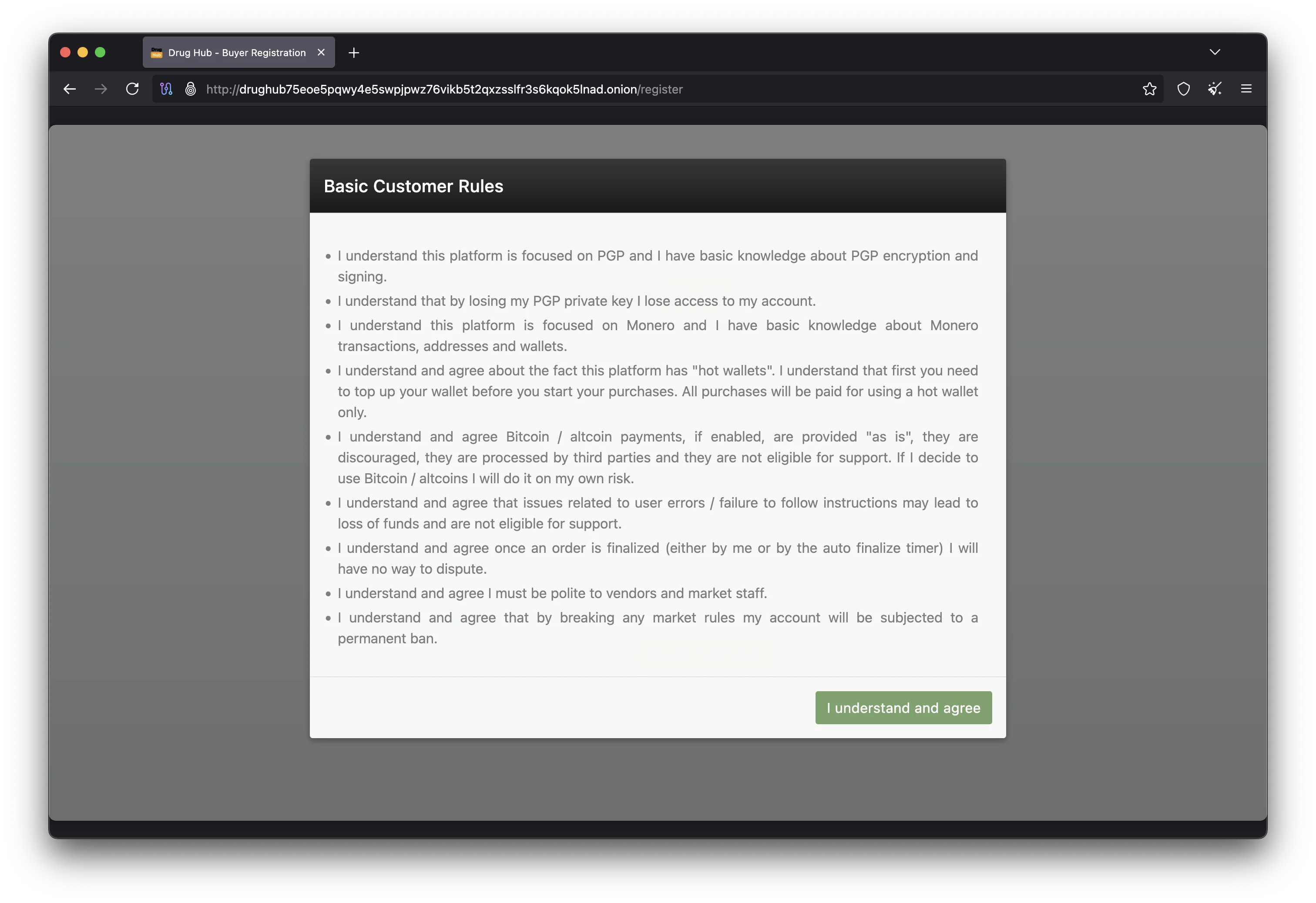 DrugHub Market product listing page with vendor info and escrow options 2026